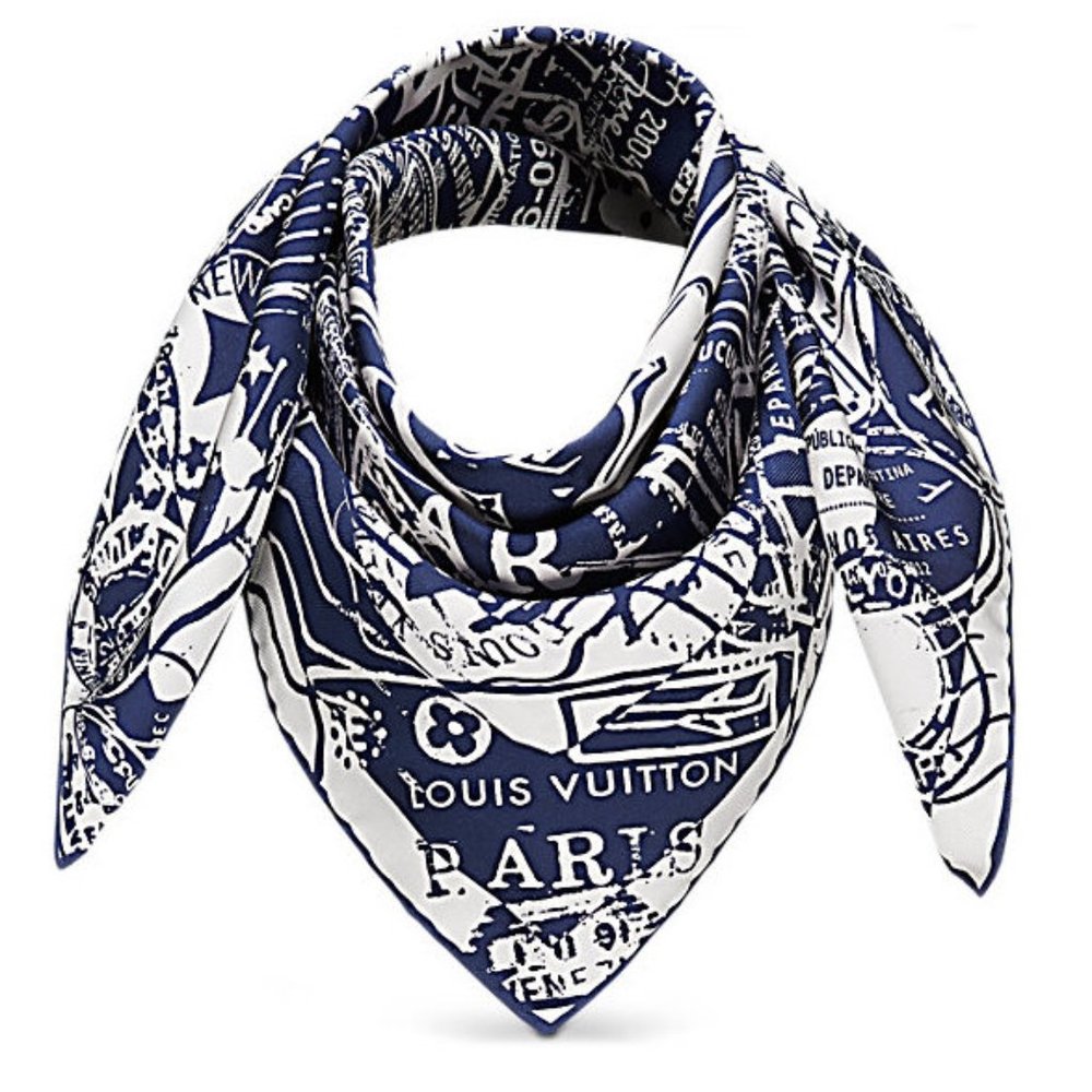 New Louis Vuitton Scarf Luggage Travel Stamps Blue Silk Scarf Wrap - Picture 1 of 14